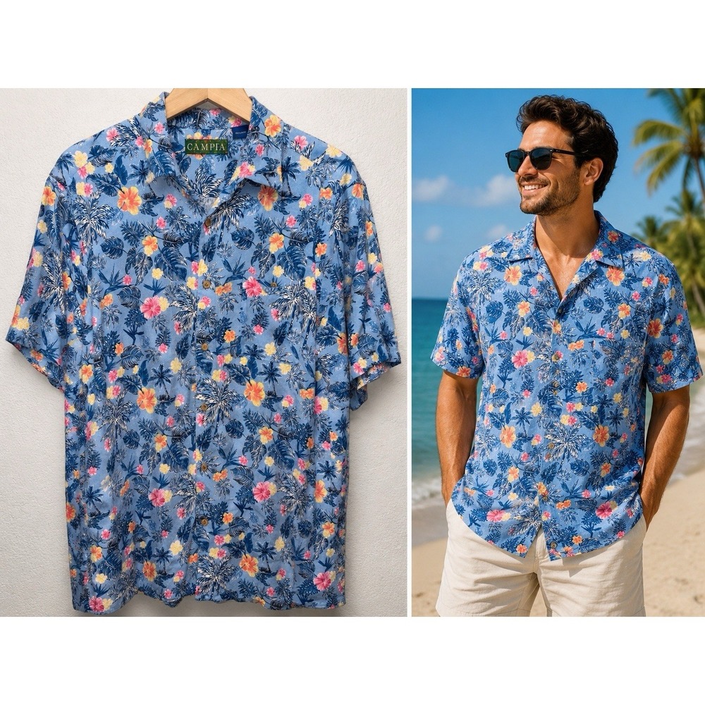 CAMPIA MODA Shirt Mens Large Blue Hawaiian Tropical Rayon Short Sleeve Button Up